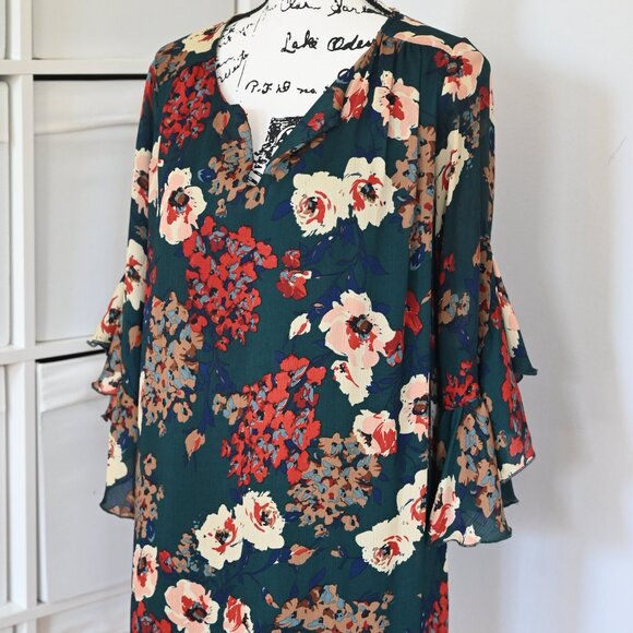 Umgee Dresses & Skirts - Umgee Women's Mini Dress Tunic Floral Large Open 3/4 Slv Hippie Boho Green